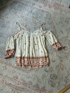 Maurices Boho Cold Shoulder Peasant Blouse Ivory Rust Pattern-Size L